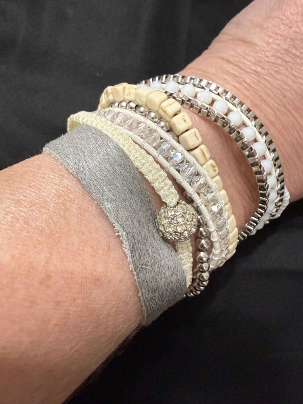 Victoria Emerson Multi-Strand Layered Bracelet Crystal Beads Cowhide Magnetic